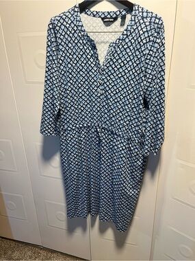 Lands' End Midi Navy and White Floral Geo  Drawstring Waist Long Sleeve Dress